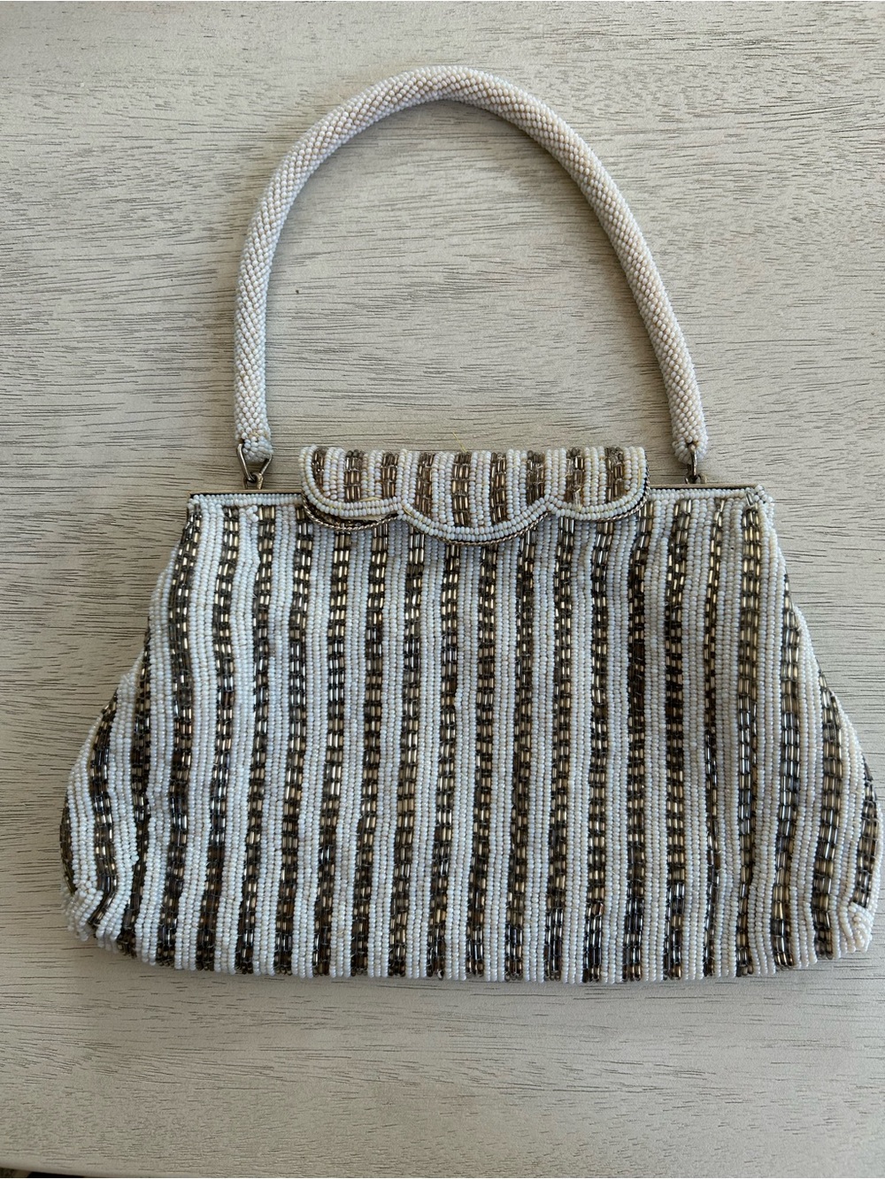 Vintage Beaded White and Rhinestone Handbag with Solver Plate Accents